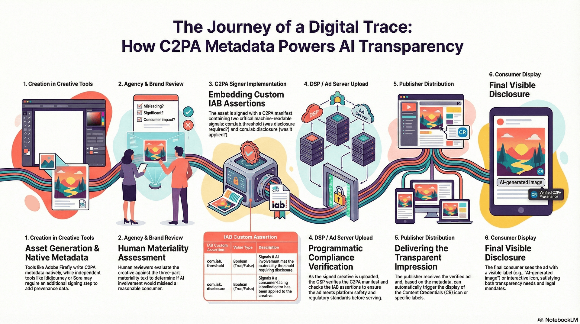 C2PA Content Credentials in the Ad Serving Stack — flow showing creative asset through C2PA signing to ad server to publisher to consumer display