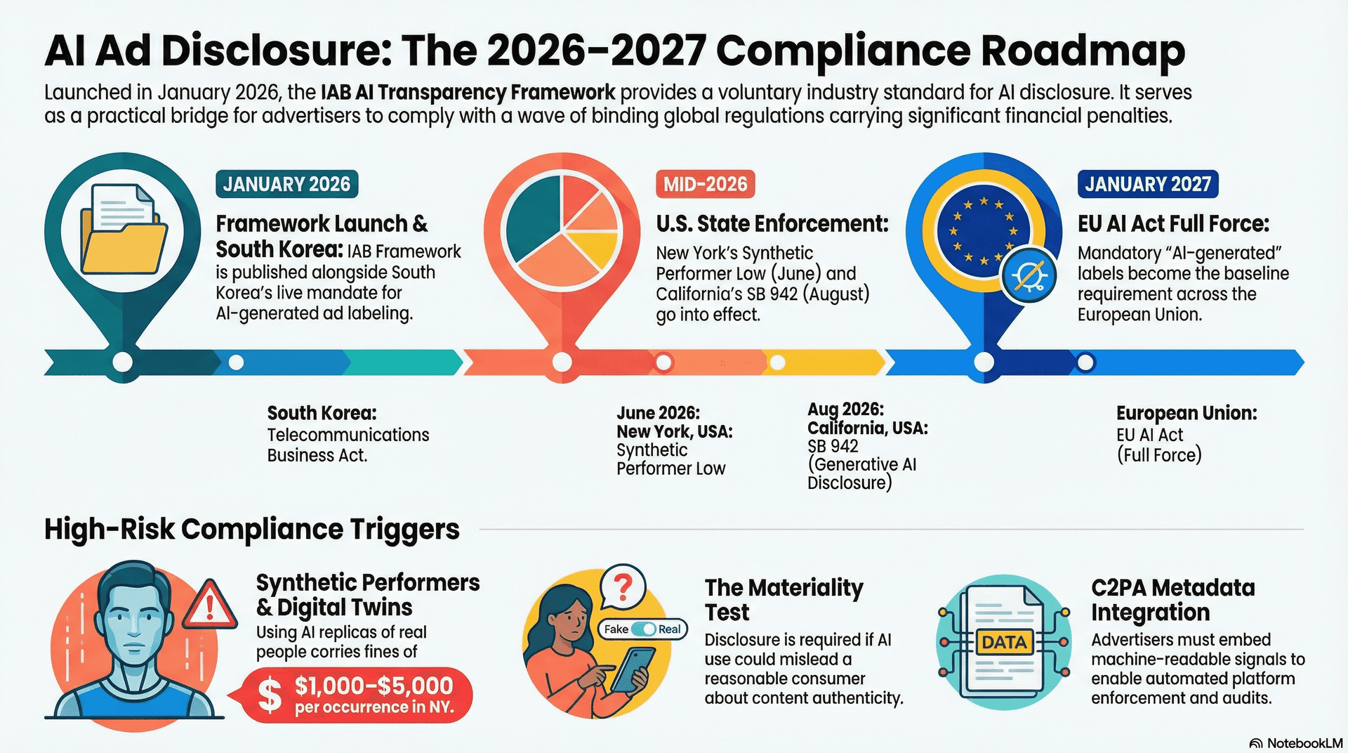 The IAB AI Transparency Framework at a Glance — timeline showing Jan 2026 framework release, key regulatory deadlines (NY June 2026, CA Aug 2026, EU 2027), and the five content types covered
