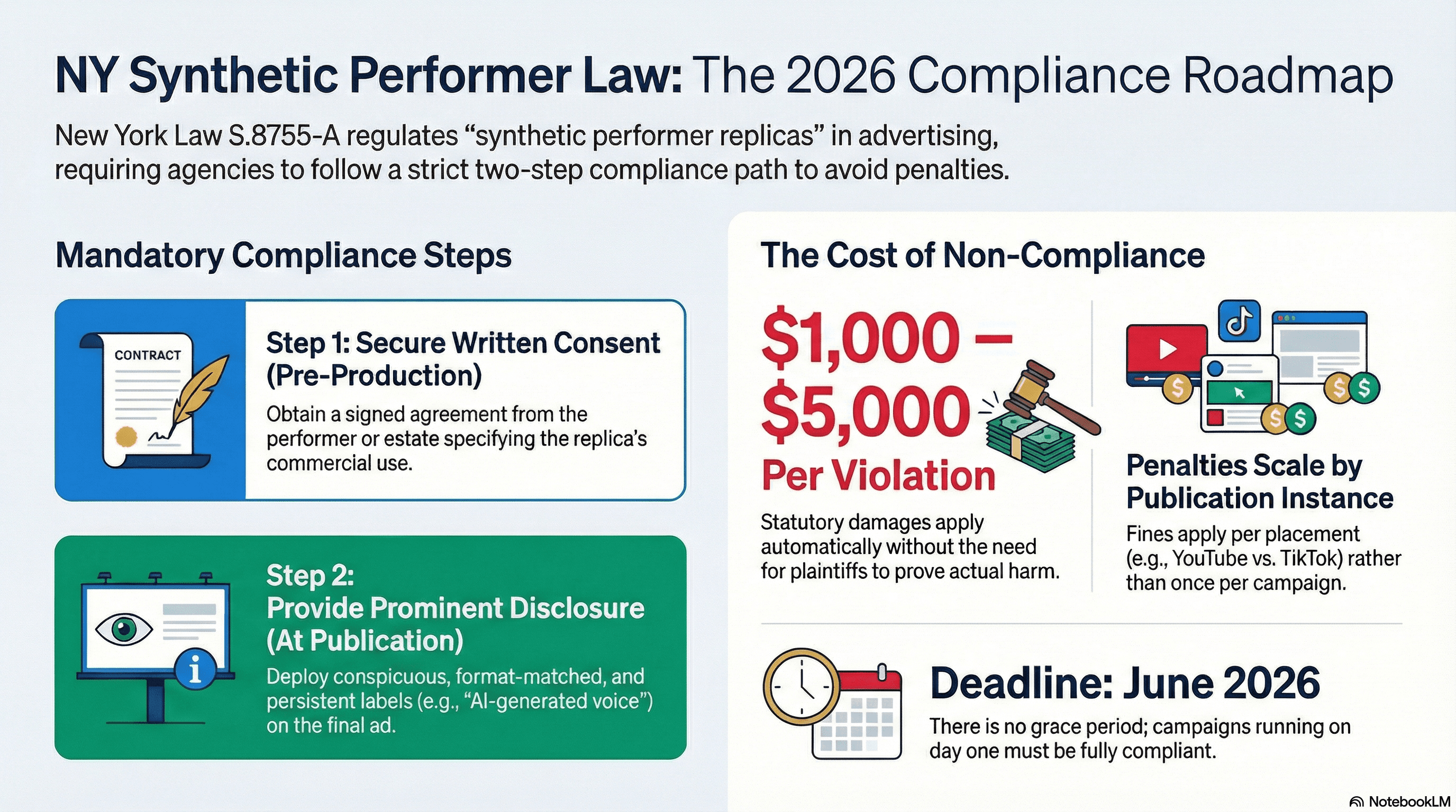NY Synthetic Performer Law: What Ad Agencies Must Do Before June 2026 — A guide to the consent and disclosure requirements for AI-generated voices and likenesses in advertising.